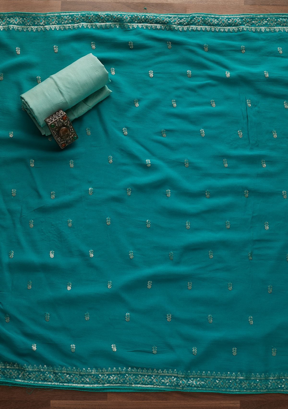 Sea Green Threadwork Semi Crepe Semi-Stitched Salwar Suit - Koskii