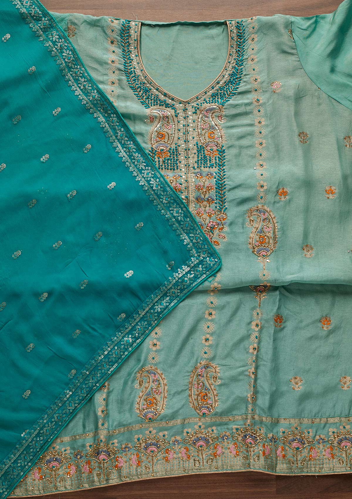 Sea Green Threadwork Semi Crepe Semi-Stitched Salwar Suit - Koskii