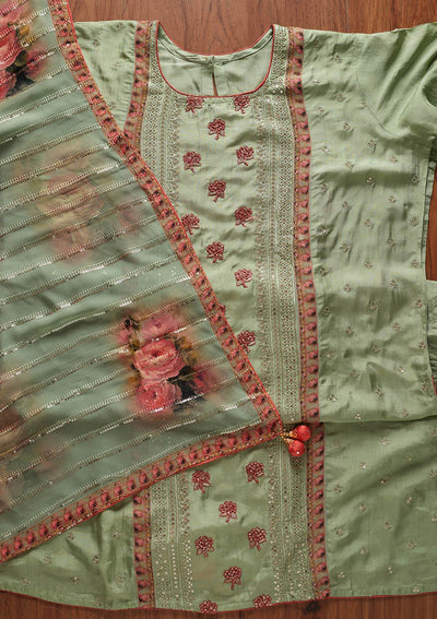 Sea Green Threadwork Semi Crepe Designer Semi-Stitched Salwar Suit - koskii