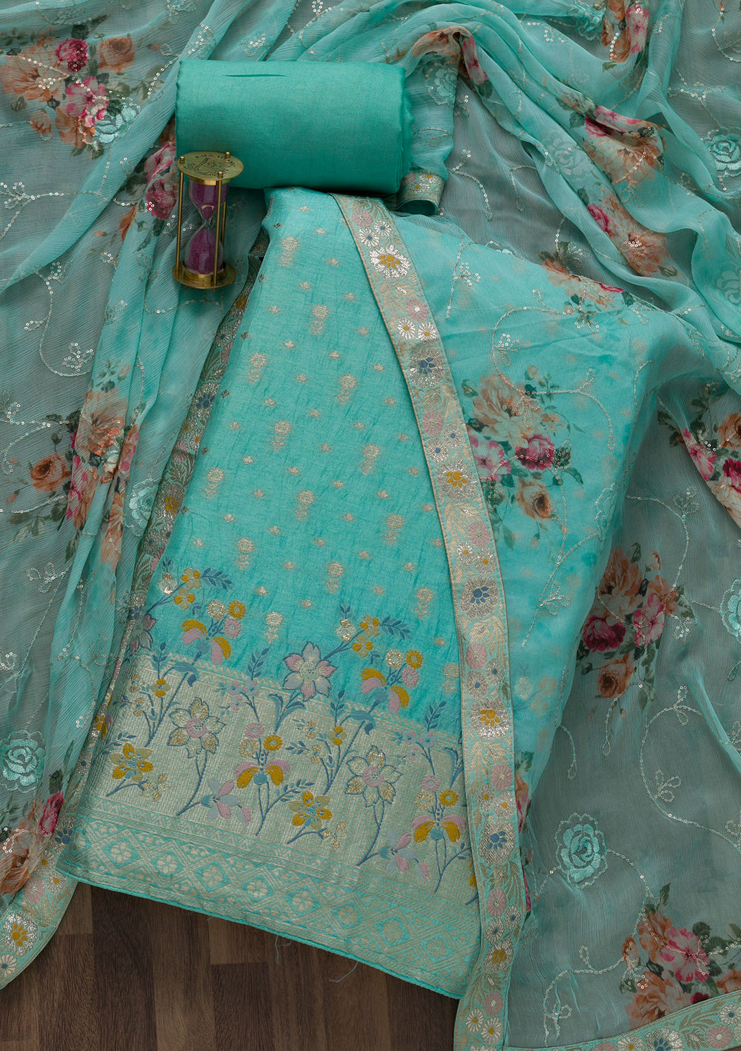 Sea Green Zariwork Art Silk Unstitched Salwar Suit-Koskii