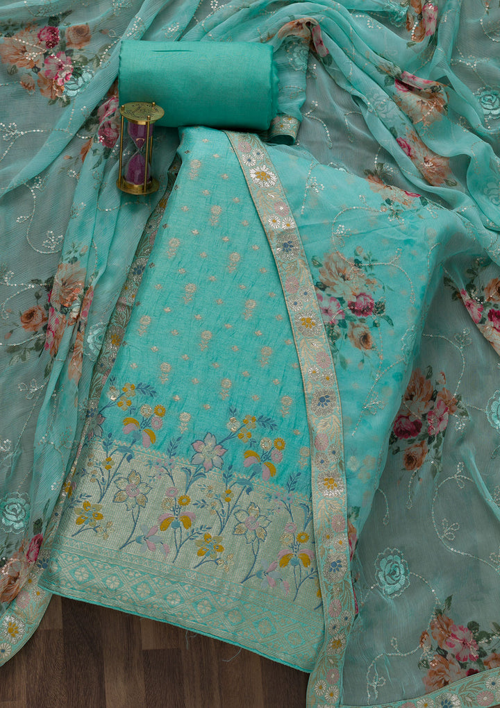 Sea Green Zariwork Art Silk Unstitched Salwar Suit-Koskii