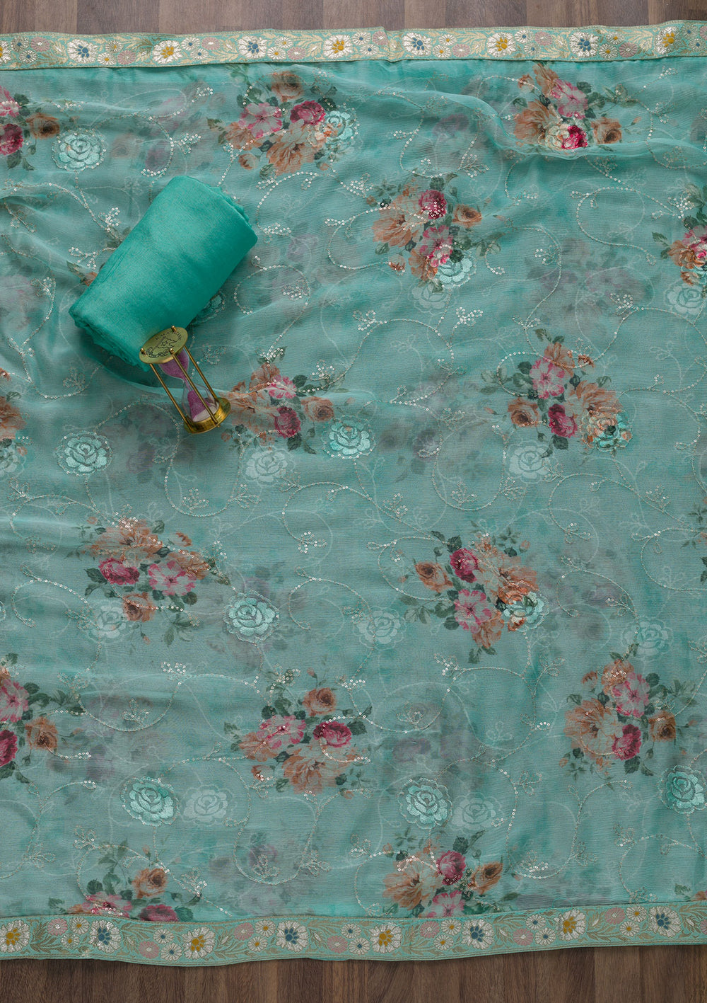 Sea Green Zariwork Art Silk Unstitched Salwar Suit-Koskii
