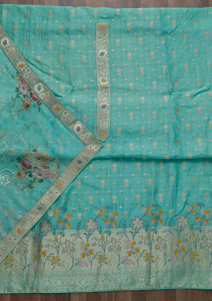 Sea Green Zariwork Art Silk Unstitched Salwar Suit-Koskii