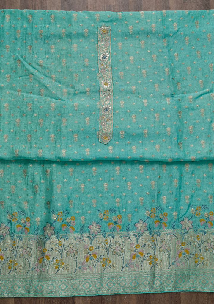 Sea Green Zariwork Art Silk Unstitched Salwar Suit-Koskii