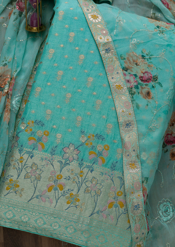Sea Green Zariwork Art Silk Unstitched Salwar Suit-Koskii