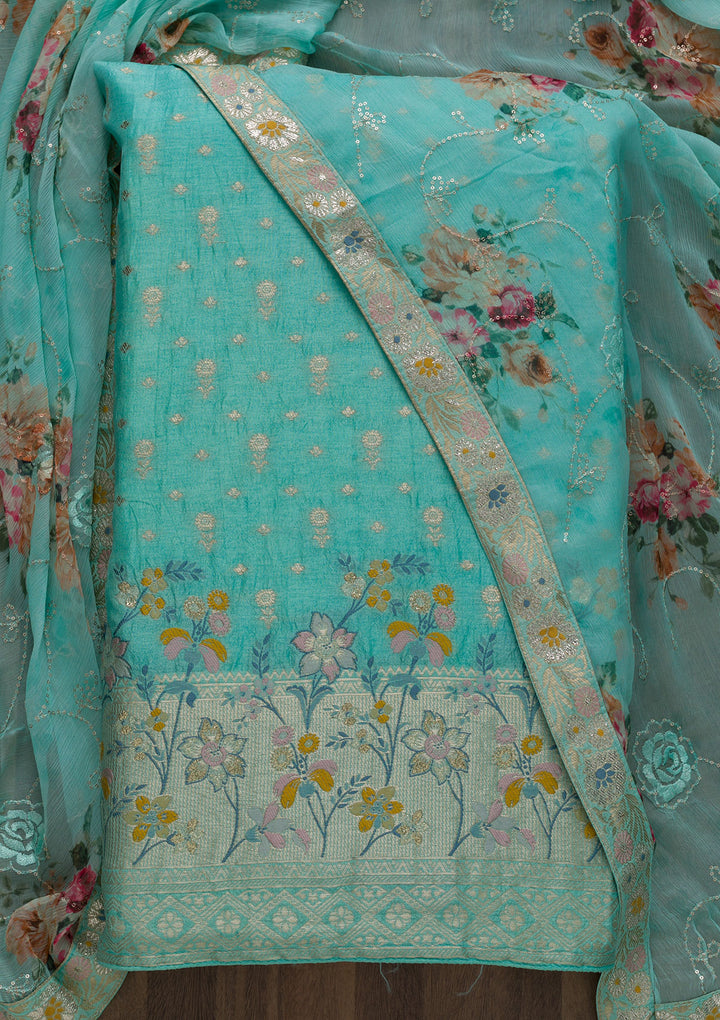 Sea Green Zariwork Art Silk Unstitched Salwar Suit-Koskii