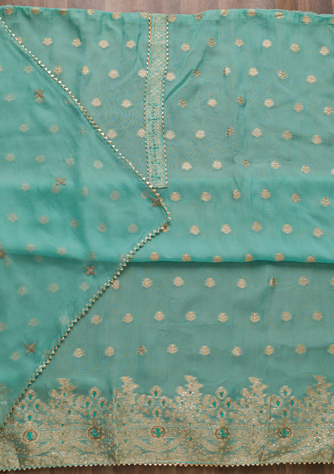 Sea Green Zariwork Art Silk Unstitched Salwar Suit-Koskii