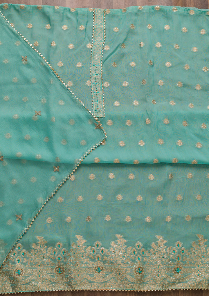 Sea Green Zariwork Art Silk Unstitched Salwar Suit-Koskii