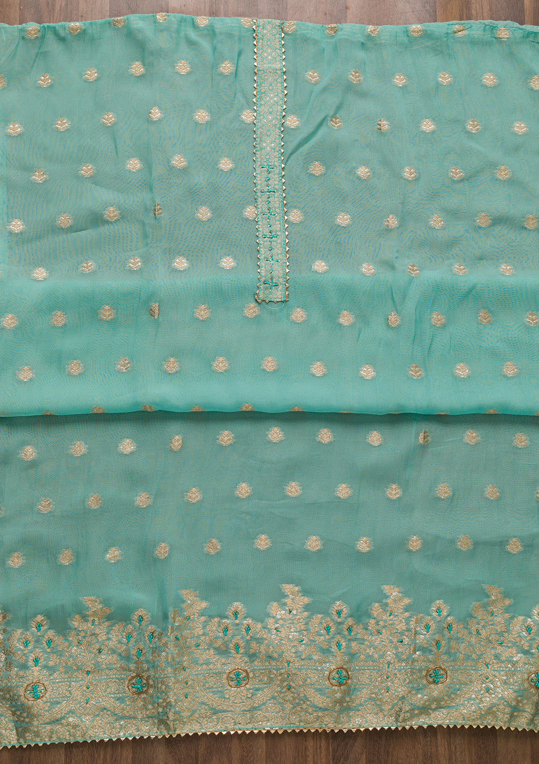 Sea Green Zariwork Art Silk Unstitched Salwar Suit-Koskii