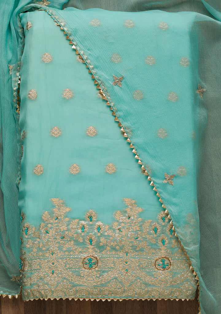 Sea Green Zariwork Art Silk Unstitched Salwar Suit-Koskii