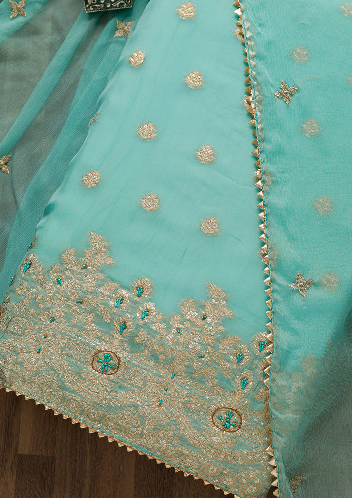 Sea Green Zariwork Art Silk Unstitched Salwar Suit-Koskii
