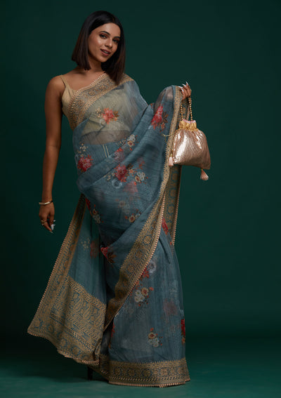 Sea Green Zariwork Art Silk Saree- Koskii