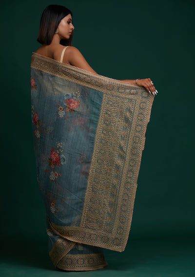 Sea Green Zariwork Art Silk Saree - Koskii