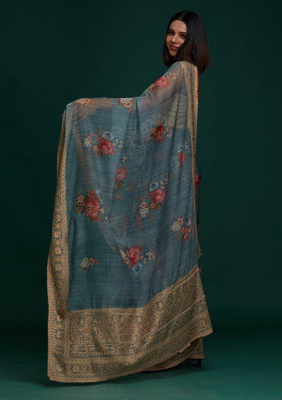 Sea Green Zariwork Art Silk Saree - Koskii