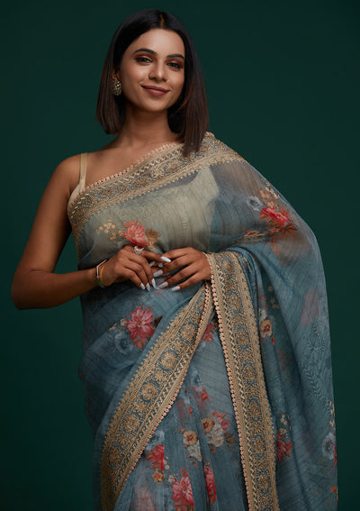 Sea Green Zariwork Art Silk Saree - Koskii