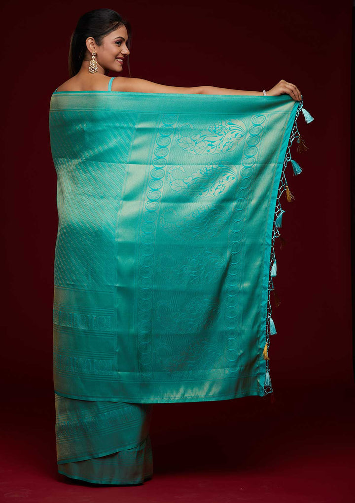 Sea Green Zariwork Art Silk Saree-Koskii