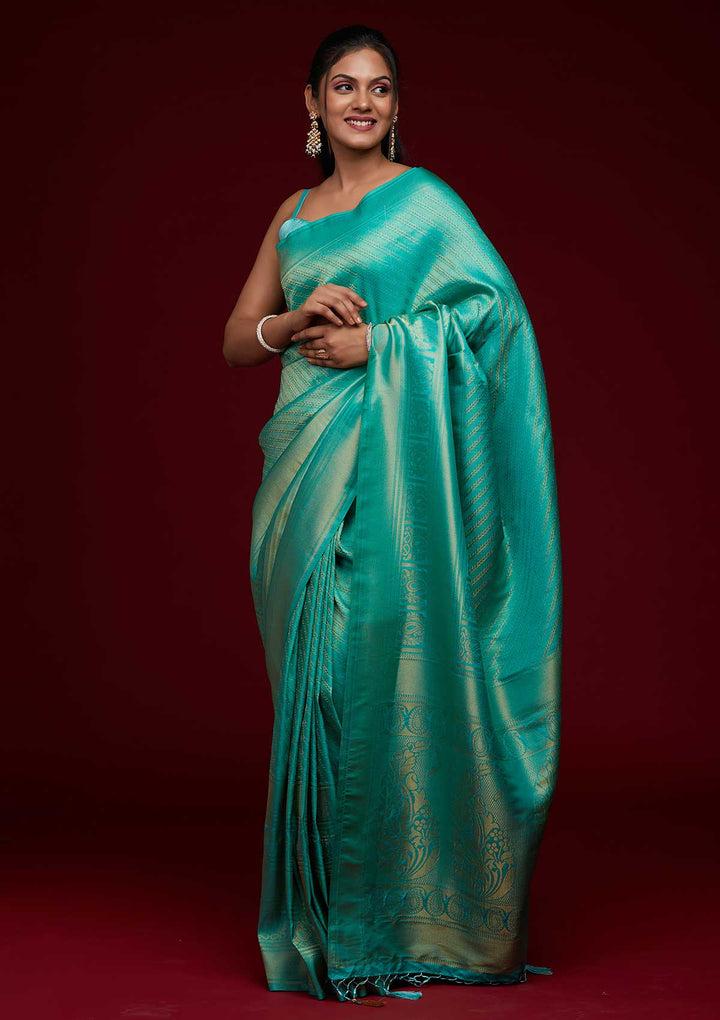 Sea Green Zariwork Art Silk Saree-Koskii