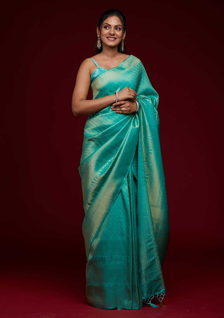 Sea Green Zariwork Art Silk Saree-Koskii