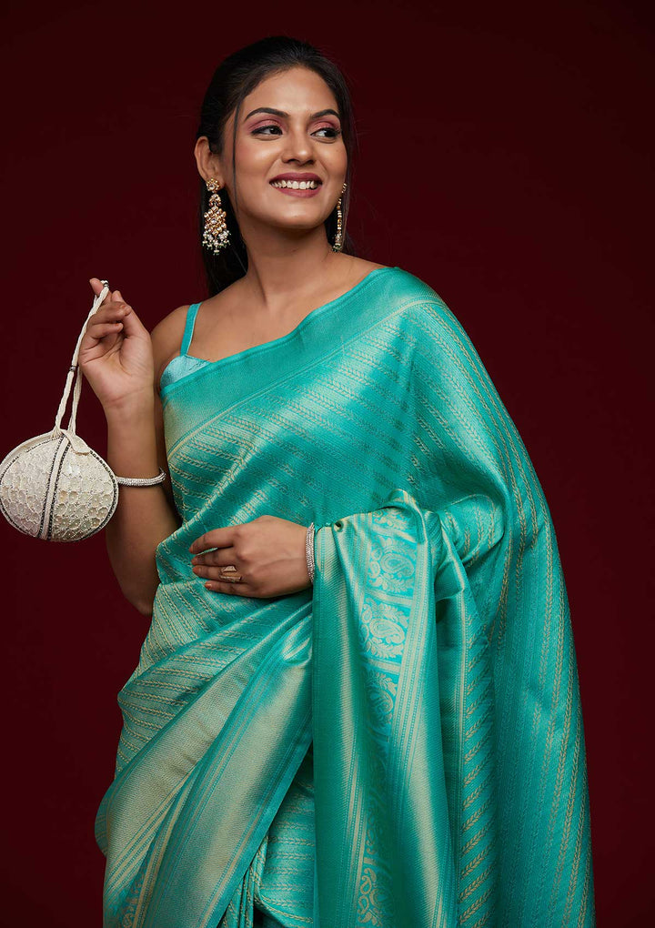 Sea Green Zariwork Art Silk Saree-Koskii