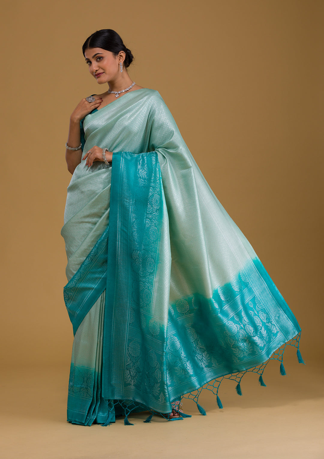 Sea Green Zariwork Art Silk Designer Saree-Koskii