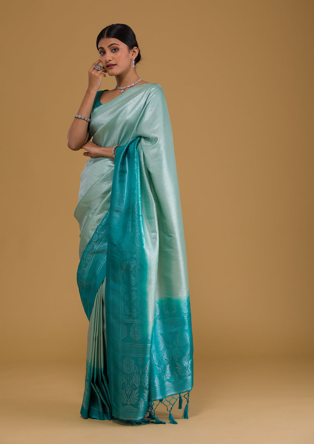 Sea Green Zariwork Art Silk Designer Saree-Koskii