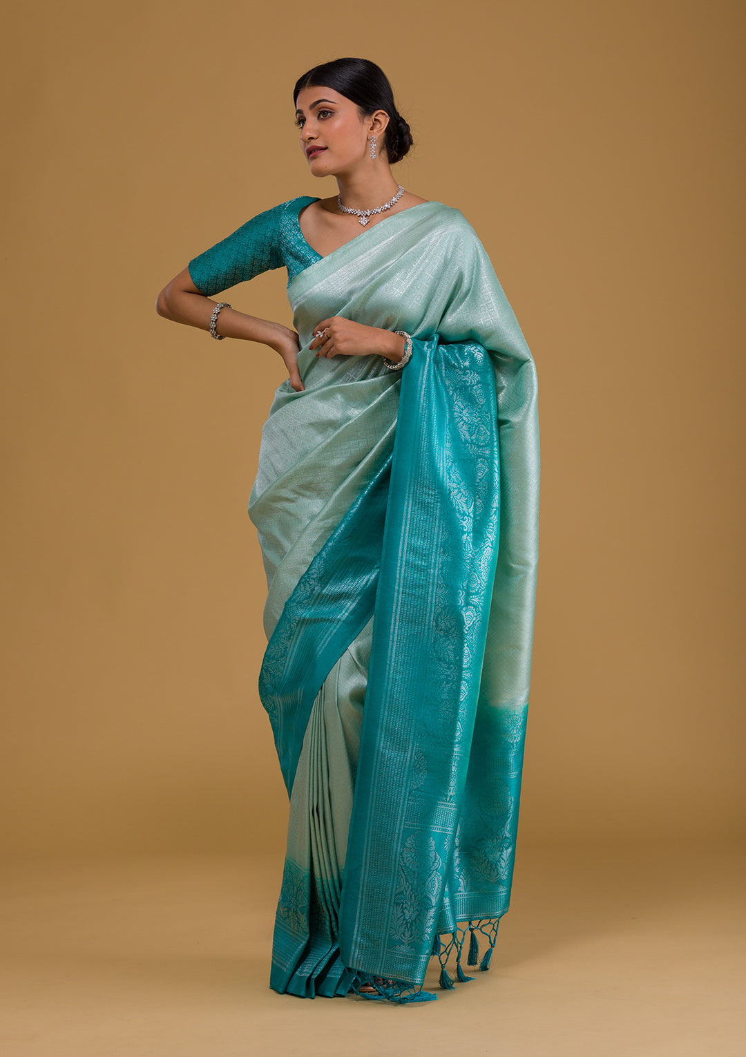 Sea Green Zariwork Art Silk Designer Saree-Koskii