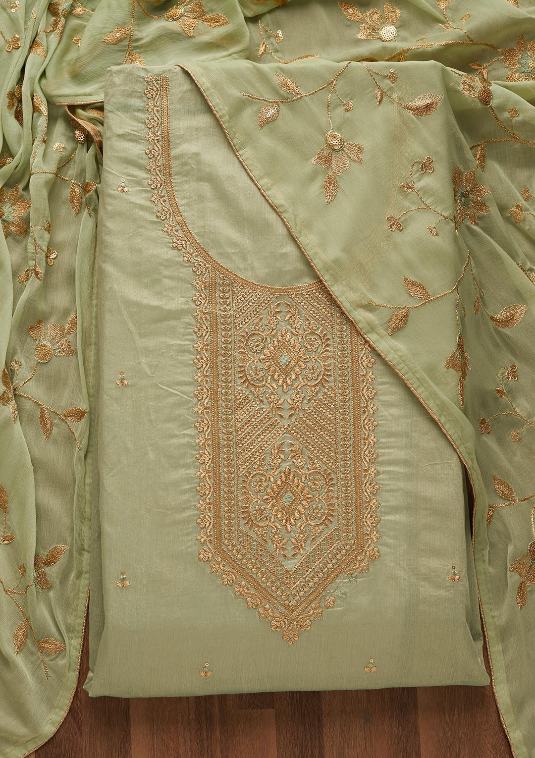Sea Green Zariwork Chanderi Unstitched Salwar Suit-Koskii