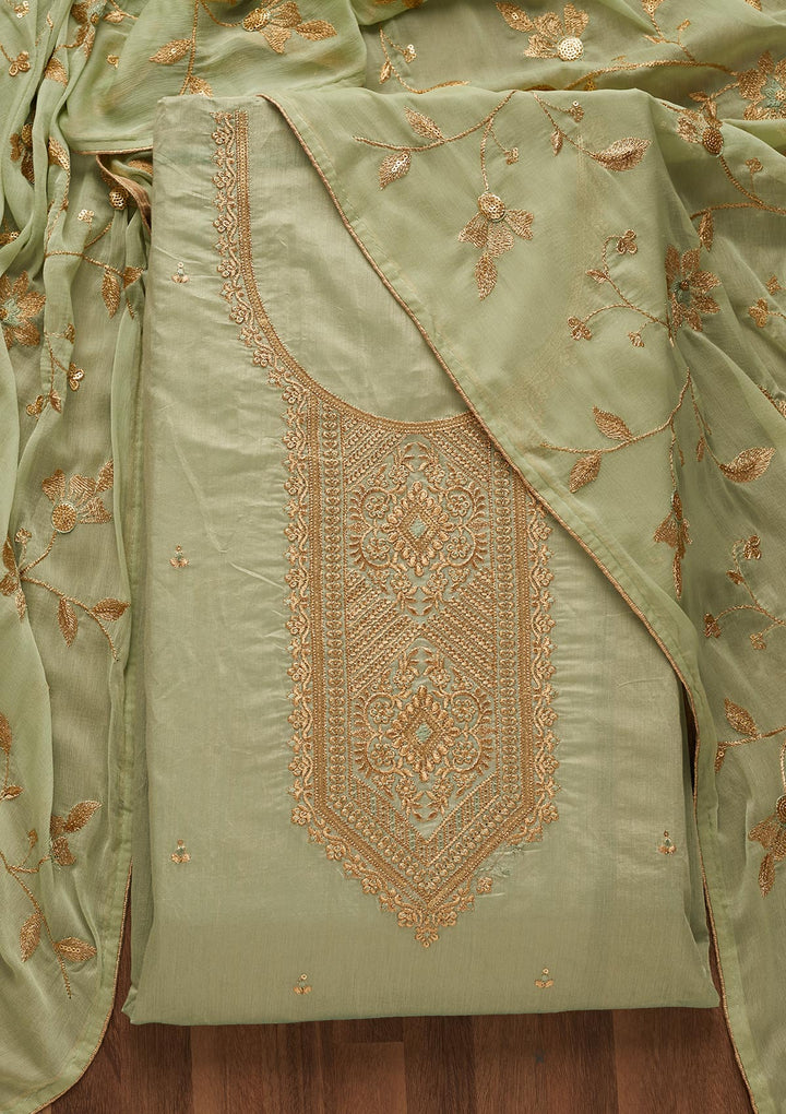 Sea Green Zariwork Chanderi Unstitched Salwar Suit-Koskii
