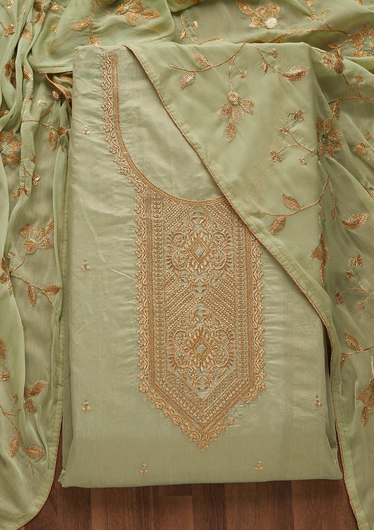 Sea Green Zariwork Chanderi Unstitched Salwar Suit-Koskii