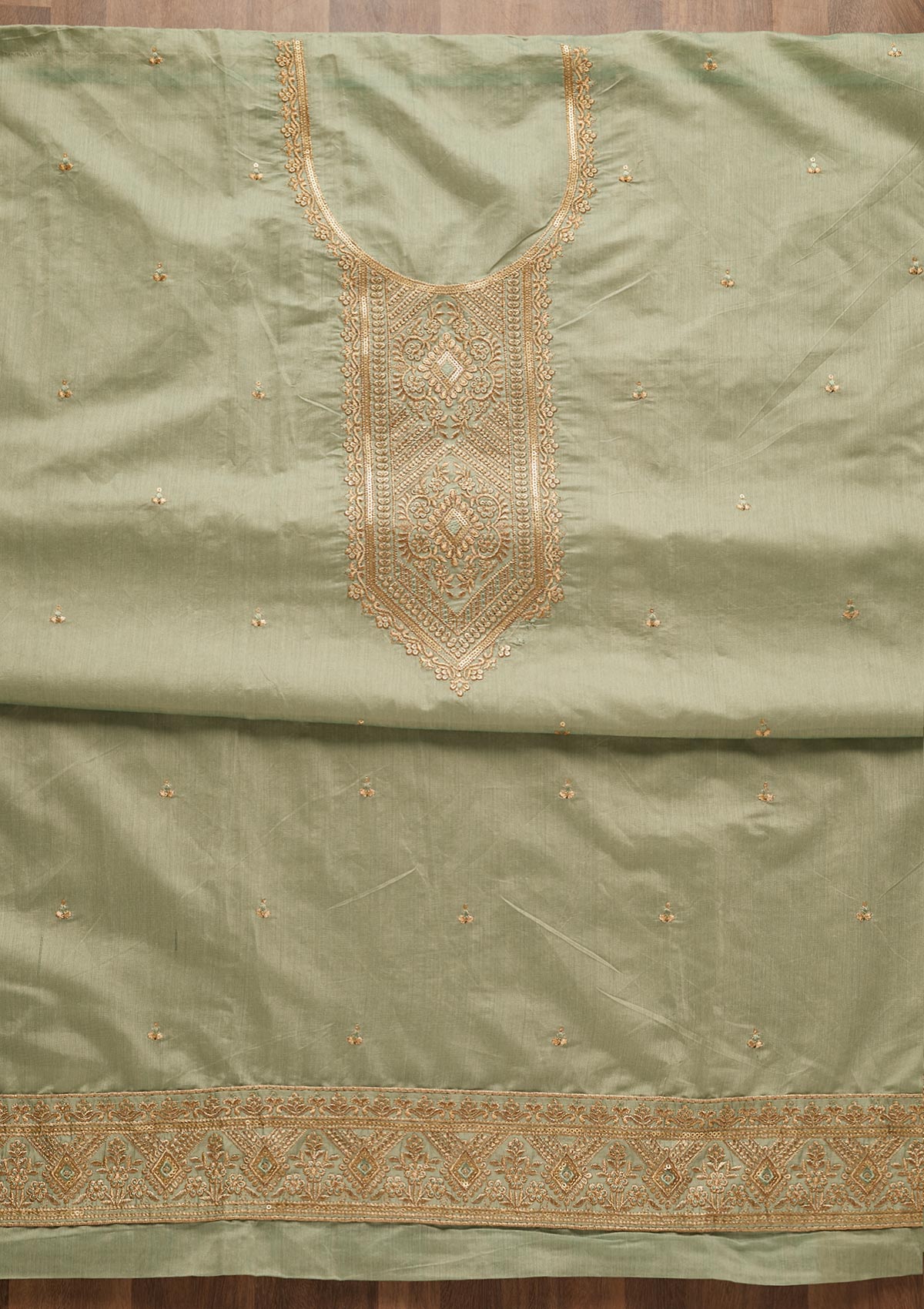 Sea Green Zariwork Chanderi Unstitched Salwar Suit-Koskii