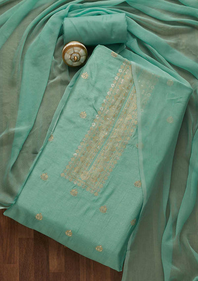 Sea Green Zariwork Art Silk Unstitched Salwar Suit-Koskii