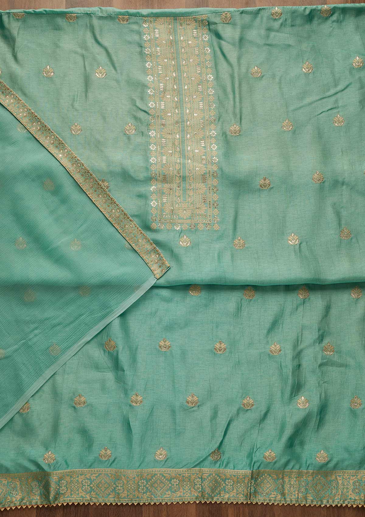 Sea Green Zariwork Art Silk Unstitched Salwar Suit-Koskii