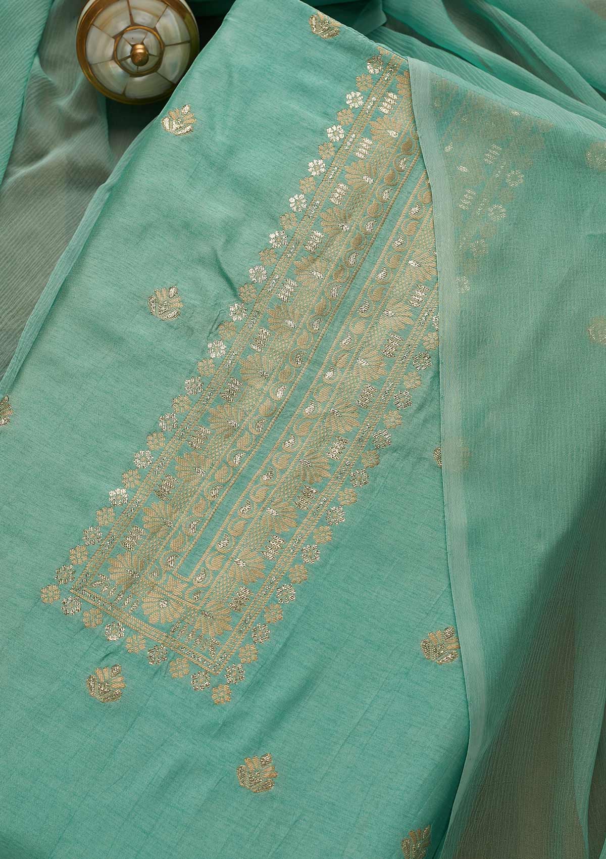 Sea Green Zariwork Art Silk Unstitched Salwar Suit-Koskii