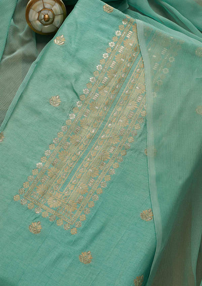 Sea Green Zariwork Art Silk Unstitched Salwar Suit-Koskii