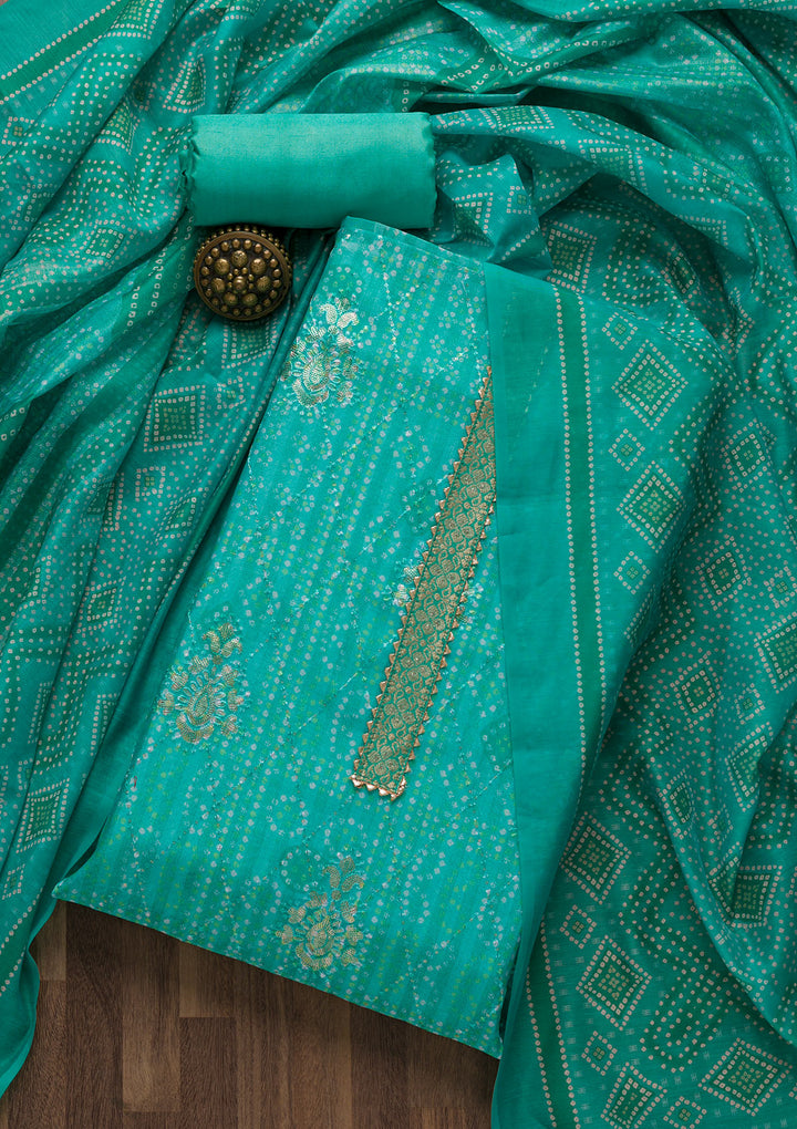 Sea Green Zariwork Chanderi Unstitched Salwar Suit-Koskii