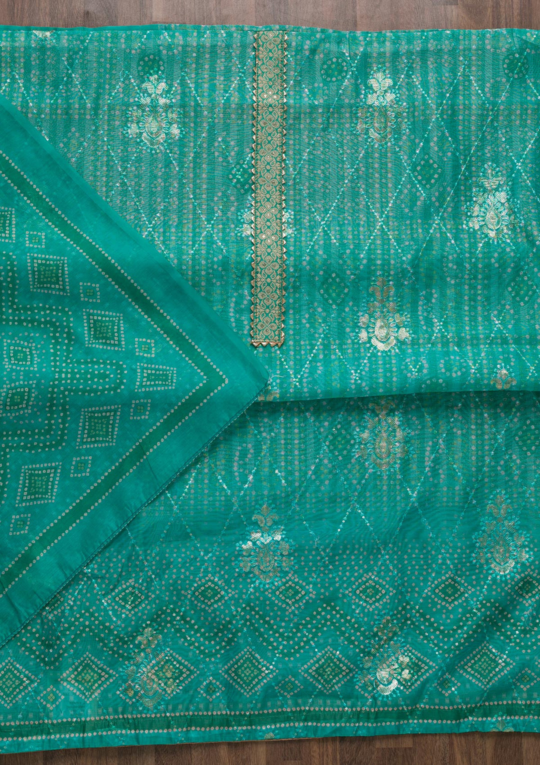 Sea Green Zariwork Chanderi Unstitched Salwar Suit-Koskii