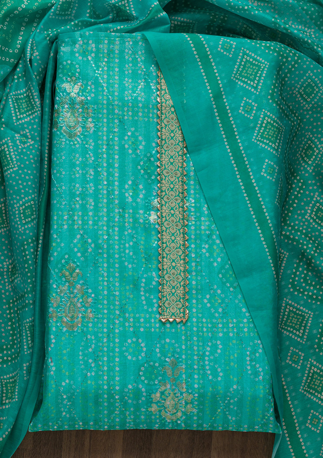 Sea Green Zariwork Chanderi Unstitched Salwar Suit-Koskii