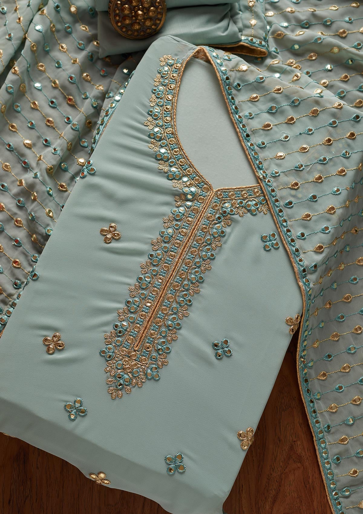 Sea Green Zariwork Georgette Designer Unstitched Salwar Suit - koskii