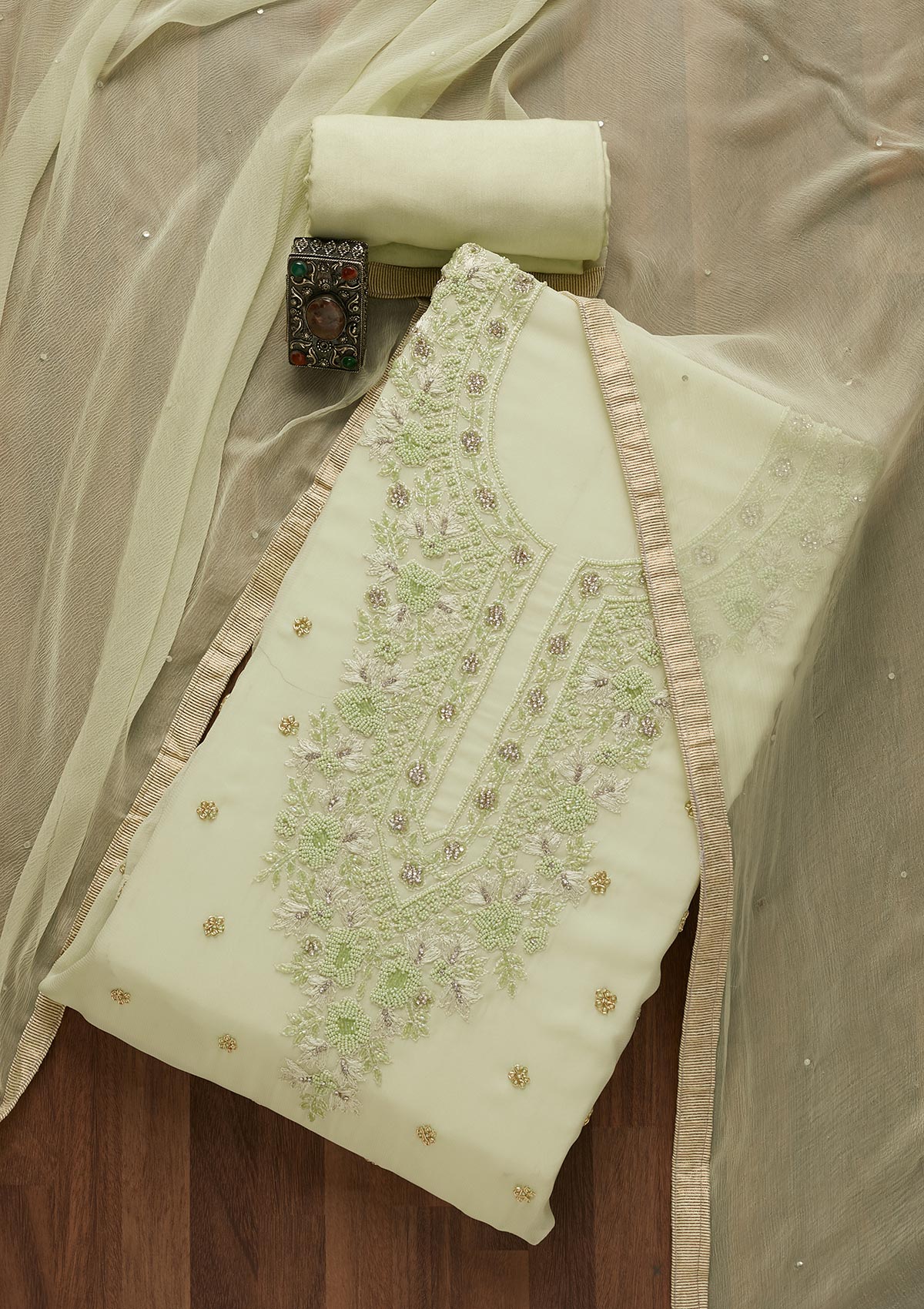 Sea Green Zariwork Georgette Unstitched Salwar Suit - Koskii