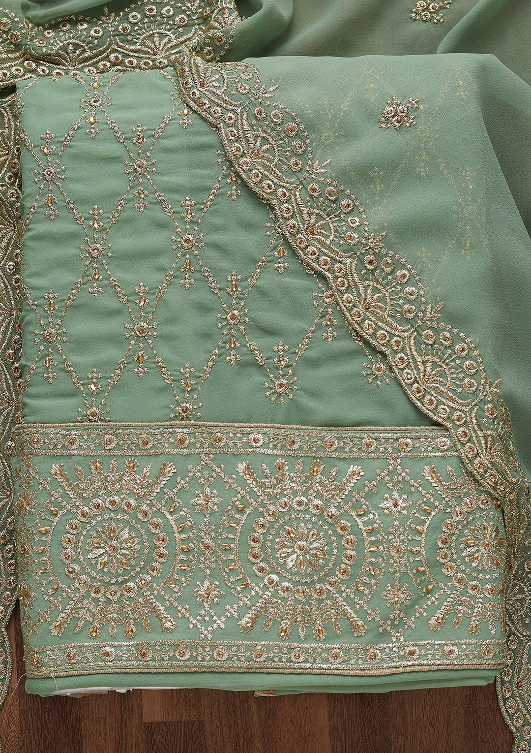 Sea Green Zariwork Georgette Unstitched Salwar Suit-Koskii