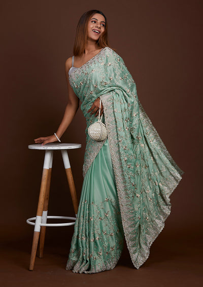 Sea Green Zariwork Georgette Saree-Koskii
