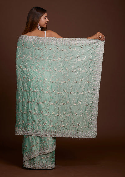 Sea Green Zariwork Georgette Saree-Koskii