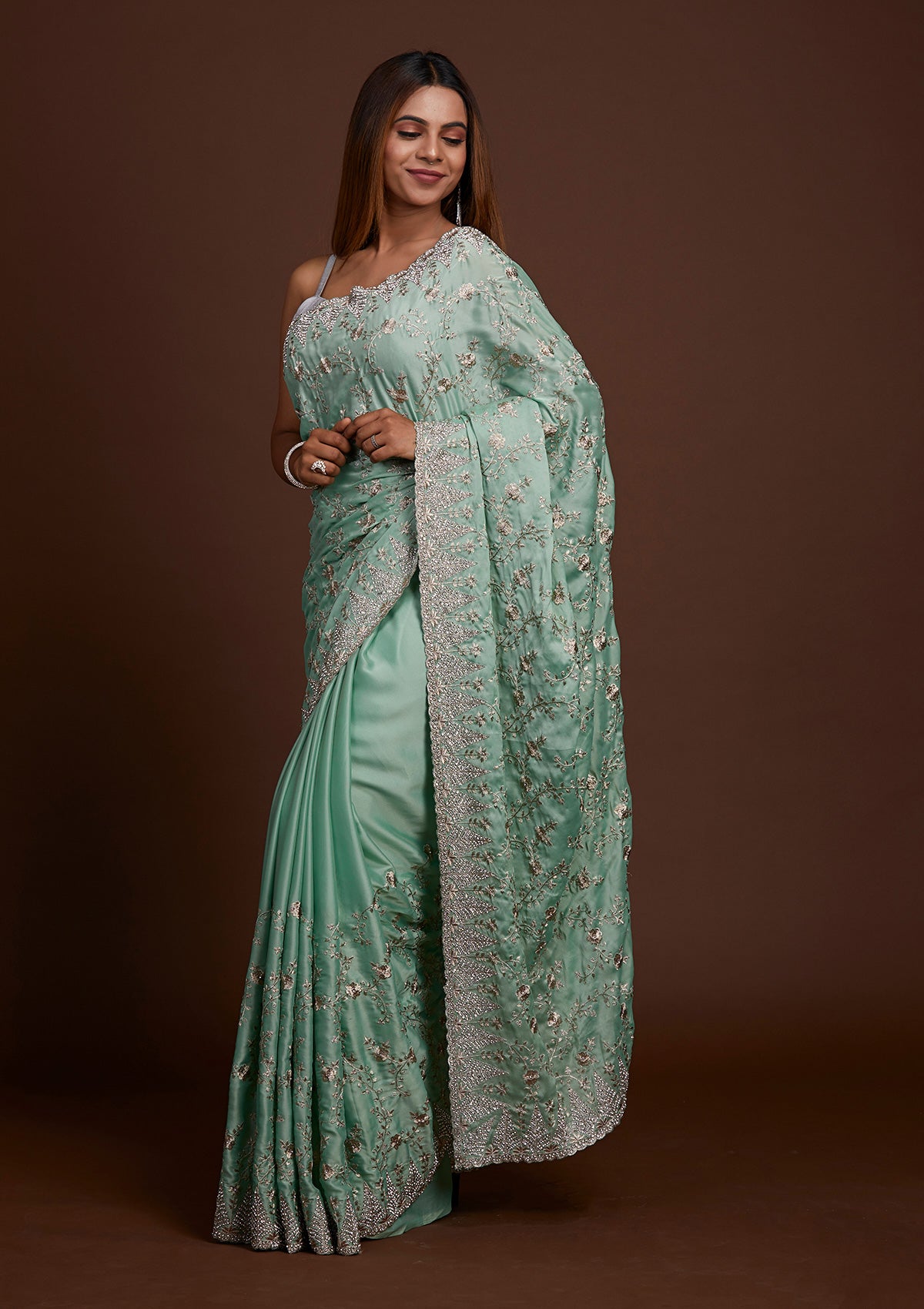 Sea Green Zariwork Georgette Saree-Koskii
