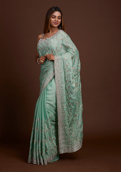 Sea Green Zariwork Georgette Saree-Koskii