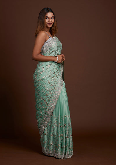 Sea Green Zariwork Georgette Saree-Koskii