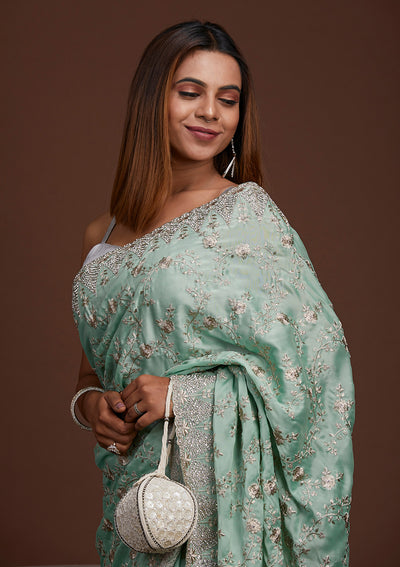 Sea Green Zariwork Georgette Saree-Koskii