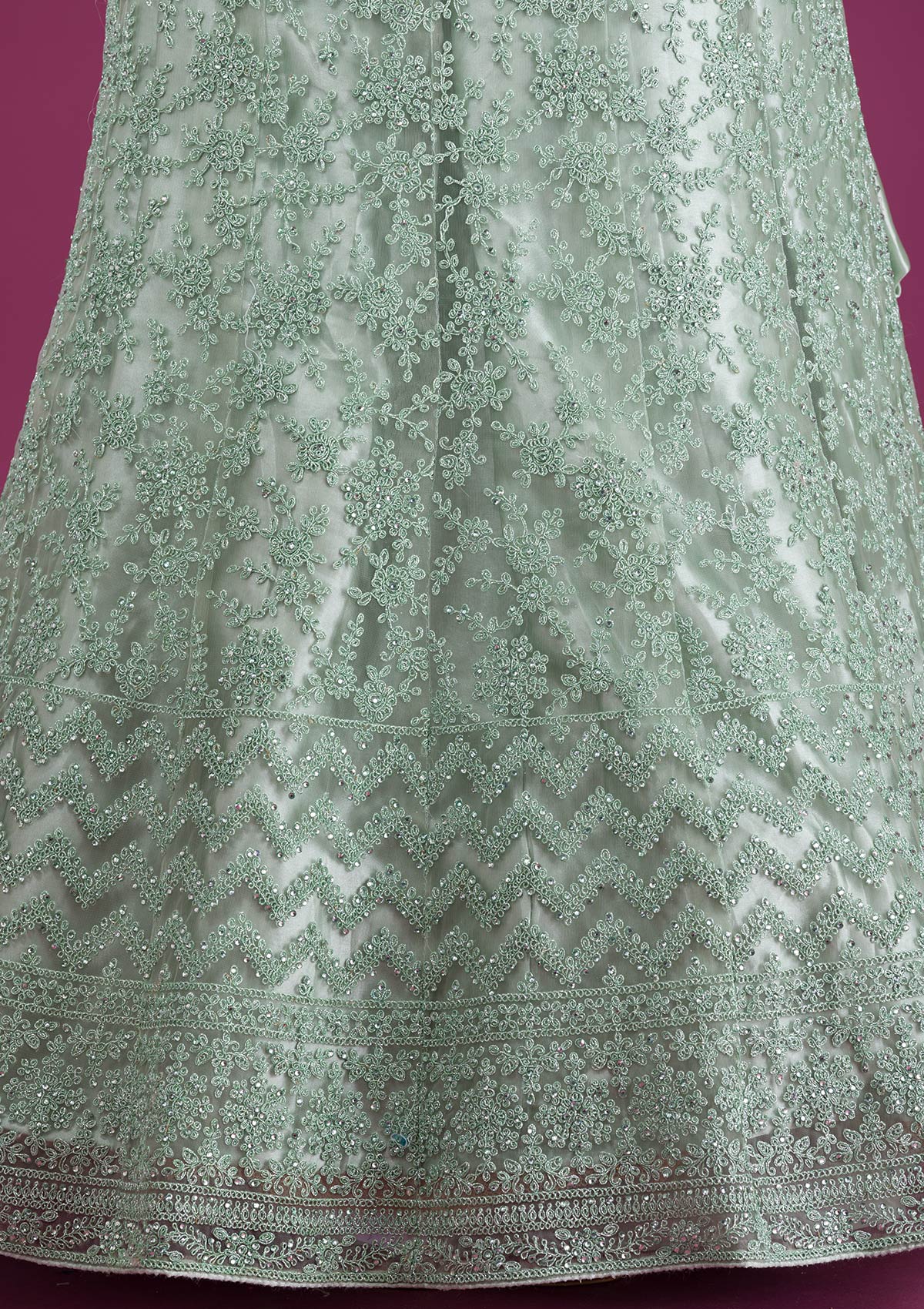 Sea Green Zariwork Net Semi Stitched Lehenga-Koskii