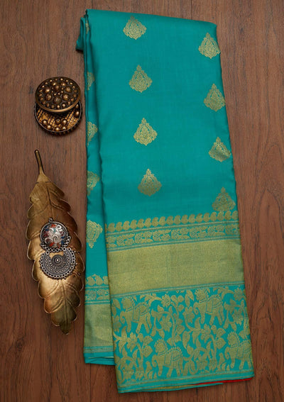 Sea Green Zariwork Pure Silk Designer Saree - koskii
