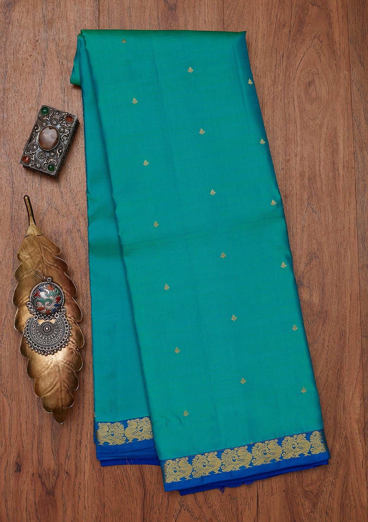 Sea Green Zariwork Pure Silk Designer Unstitched Saree - Koskii