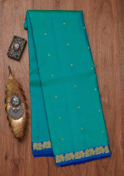 Sea Green Zariwork Pure Silk Designer Unstitched Saree - Koskii
